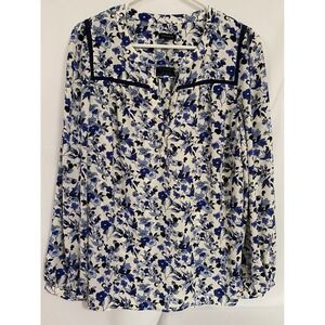 Talbots V-Neck Floral‎ Blouse Top Long Sleeve Blue Black White Womens M